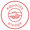 A red circle outlines two hands shaking, with the words equality pledge above and below the hands.